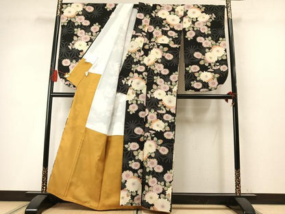 平和屋着物●小振袖　二尺袖　草花文　黒地　洗える着物　AABM4212fy