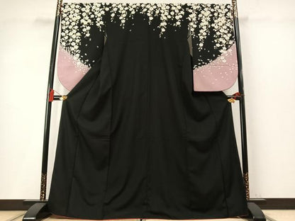 平和屋着物●小振袖　二尺袖　舞桜文　黒地　洗える着物　AABM4216fy