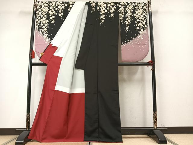 平和屋着物●小振袖　二尺袖　舞桜文　黒地　洗える着物　AABM4216fy