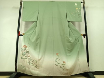 平和屋着物●二代目清次郎　手描き　訪問着　枝花文　暈し染め　正絹　逸品　AABM4221fy
