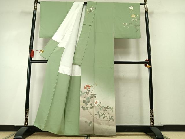 平和屋着物●二代目清次郎　手描き　訪問着　枝花文　暈し染め　正絹　逸品　AABM4221fy