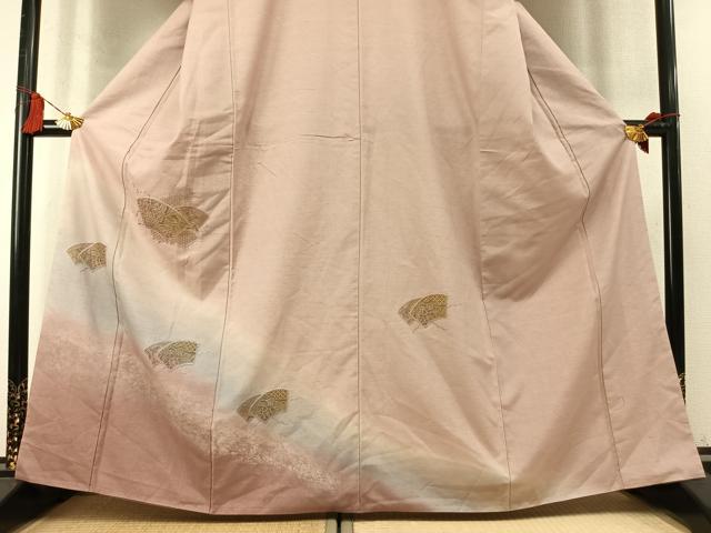 平和屋着物●中国三大刺繍　汕頭刺繍　スワトウ刺繍　総刺繍　訪問着　紬地　地紙重ね花文　金糸　金彩　正絹　逸品　AABM4223fy