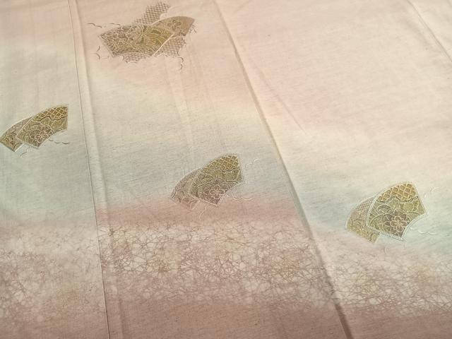 平和屋着物●中国三大刺繍　汕頭刺繍　スワトウ刺繍　総刺繍　訪問着　紬地　地紙重ね花文　金糸　金彩　正絹　逸品　AABM4223fy