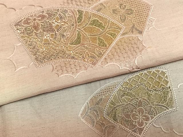 平和屋着物●中国三大刺繍　汕頭刺繍　スワトウ刺繍　総刺繍　訪問着　紬地　地紙重ね花文　金糸　金彩　正絹　逸品　AABM4223fy