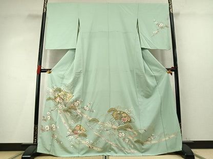 平和屋着物●訪問着　総刺繍　扇面枝梅松花文　金糸　金銀彩　正絹　逸品　AABM4226fy