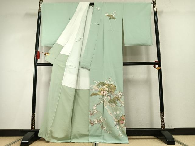 平和屋着物●訪問着　総刺繍　扇面枝梅松花文　金糸　金銀彩　正絹　逸品　AABM4226fy