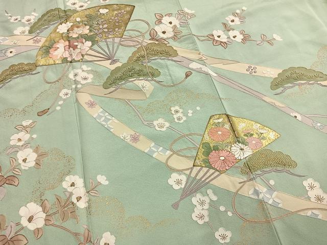 平和屋着物●訪問着　総刺繍　扇面枝梅松花文　金糸　金銀彩　正絹　逸品　AABM4226fy