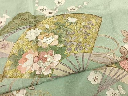 平和屋着物●訪問着　総刺繍　扇面枝梅松花文　金糸　金銀彩　正絹　逸品　AABM4226fy