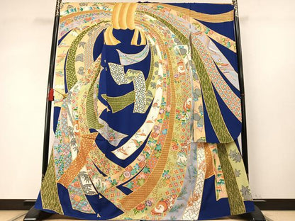 平和屋着物●豪華振袖　駒刺繍　松竹梅　飛鶴熨斗花文　金彩　正絹　逸品　AABM4233fy