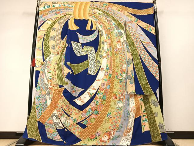 平和屋着物●豪華振袖　駒刺繍　松竹梅　飛鶴熨斗花文　金彩　正絹　逸品　AABM4233fy