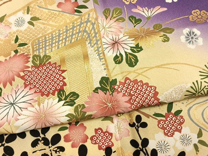 平和屋着物●豪華振袖　御所車花文　暈し染め　金彩　正絹　逸品　AABM4234fy