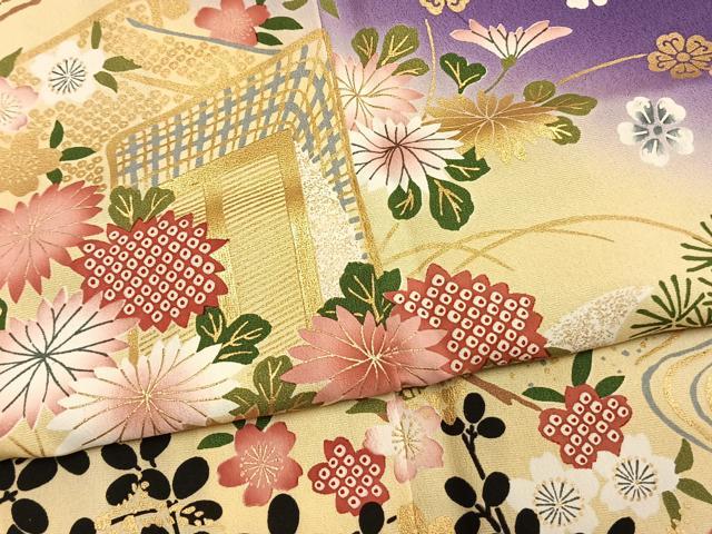 平和屋着物●豪華振袖　御所車花文　暈し染め　金彩　正絹　逸品　AABM4234fy
