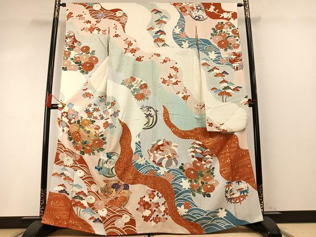 平和屋着物●豪華振袖　駒刺繍　枝梅松文　金彩　正絹　逸品　AABM4236fy