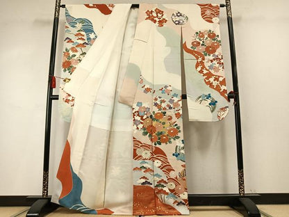 平和屋着物●豪華振袖　駒刺繍　枝梅松文　金彩　正絹　逸品　AABM4236fy