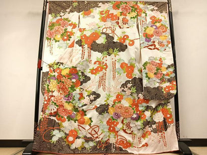 平和屋着物●豪華振袖　駒刺繍　片輪車花文　金彩　正絹　逸品　AABM4238fy