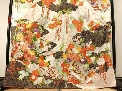 平和屋着物●豪華振袖　駒刺繍　片輪車花文　金彩　正絹　逸品　AABM4238fy
