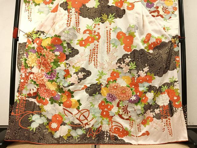 平和屋着物●豪華振袖　駒刺繍　片輪車花文　金彩　正絹　逸品　AABM4238fy