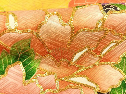 平和屋着物●豪華振袖　駒刺繍　片輪車花文　金彩　正絹　逸品　AABM4238fy