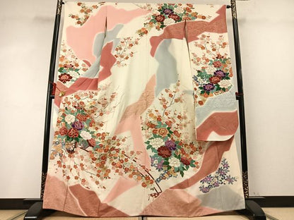 平和屋着物●豪華振袖　駒刺繍　片輪車花文　金彩　正絹　逸品　AABM4239fy