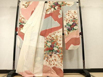 平和屋着物●豪華振袖　駒刺繍　片輪車花文　金彩　正絹　逸品　AABM4239fy