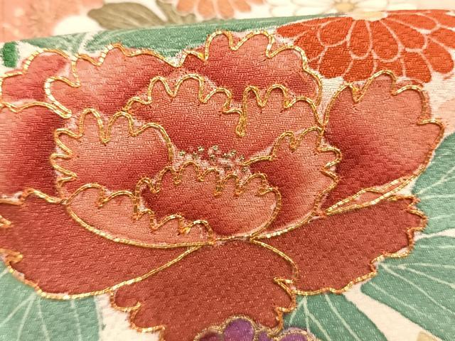 平和屋着物●豪華振袖　駒刺繍　片輪車花文　金彩　正絹　逸品　AABM4239fy