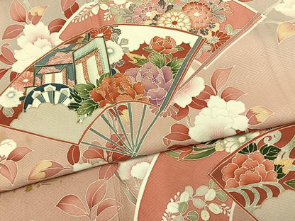 平和屋着物●訪問着　扇面御所車花文　暈し染め　金彩　正絹　逸品　AABM4241fy