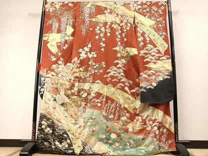 平和屋着物●英王室献上友禅作家　木下勝功　振袖　駒刺繍　松竹梅　御所車花鳥文　暈し染め　金彩　正絹　逸品　AABM4256fy