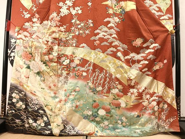 平和屋着物●英王室献上友禅作家　木下勝功　振袖　駒刺繍　松竹梅　御所車花鳥文　暈し染め　金彩　正絹　逸品　AABM4256fy
