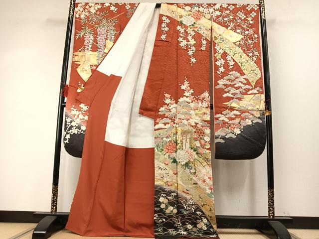 平和屋着物●英王室献上友禅作家　木下勝功　振袖　駒刺繍　松竹梅　御所車花鳥文　暈し染め　金彩　正絹　逸品　AABM4256fy