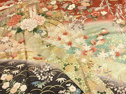 平和屋着物●英王室献上友禅作家　木下勝功　振袖　駒刺繍　松竹梅　御所車花鳥文　暈し染め　金彩　正絹　逸品　AABM4256fy