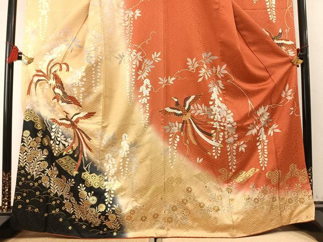 平和屋着物●豪華振袖　鳳凰草花文　暈し染め　金彩　正絹　逸品　AABM4272fy