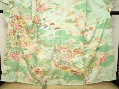 平和屋着物●豪華振袖　駒刺繍　鳳凰風景花文　金彩　正絹　逸品　AABM4281ck
