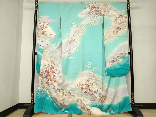 平和屋着物●豪華振袖　駒刺繍　遠山花鳥文　暈し染め　三越扱い　正絹　逸品　AABM4282ck