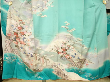 平和屋着物●豪華振袖　駒刺繍　遠山花鳥文　暈し染め　三越扱い　正絹　逸品　AABM4282ck