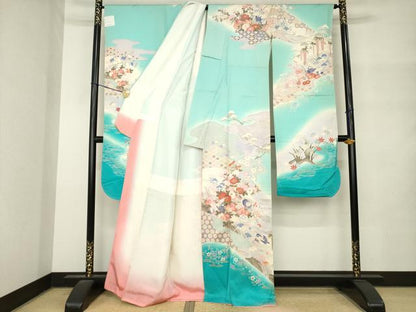 平和屋着物●豪華振袖　駒刺繍　遠山花鳥文　暈し染め　三越扱い　正絹　逸品　AABM4282ck