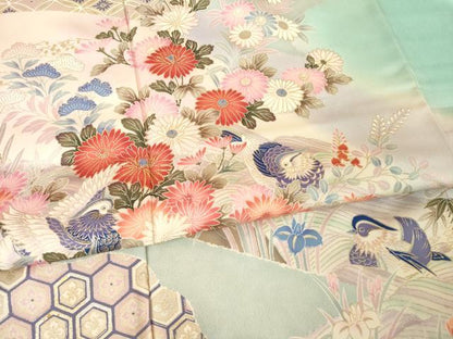 平和屋着物●豪華振袖　駒刺繍　遠山花鳥文　暈し染め　三越扱い　正絹　逸品　AABM4282ck