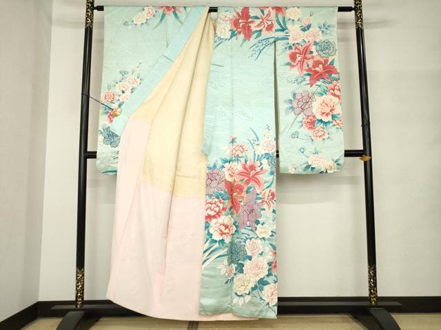 平和屋着物●豪華振袖　刺繍　草花文　金糸　金彩　正絹　逸品　AABM4286ck