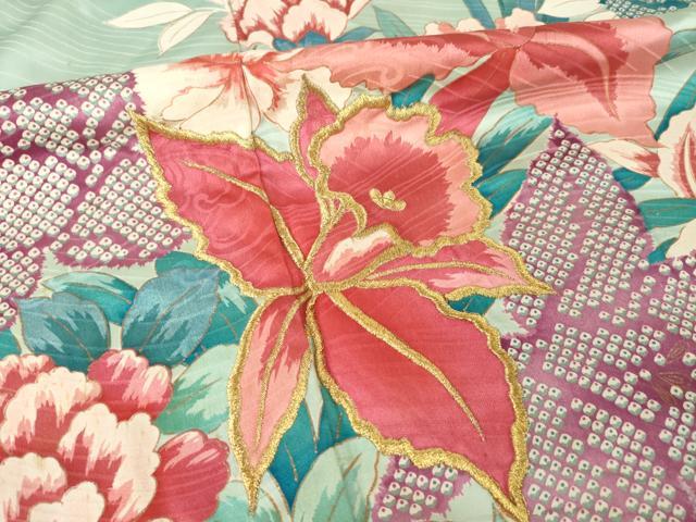 平和屋着物●豪華振袖　刺繍　草花文　金糸　金彩　正絹　逸品　AABM4286ck