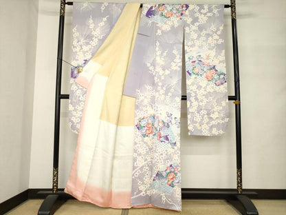 平和屋着物●豪華振袖　地紙御所車花文　正絹　逸品　AABM4288ck
