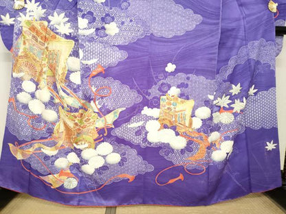 平和屋着物●豪華振袖　駒刺繍　御所車花文　正絹　逸品　AABM4289ck