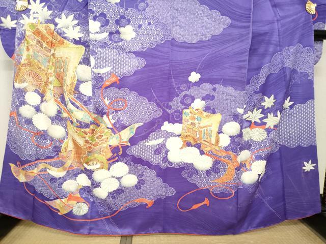 平和屋着物●豪華振袖　駒刺繍　御所車花文　正絹　逸品　AABM4289ck