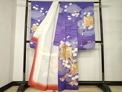 平和屋着物●豪華振袖　駒刺繍　御所車花文　正絹　逸品　AABM4289ck