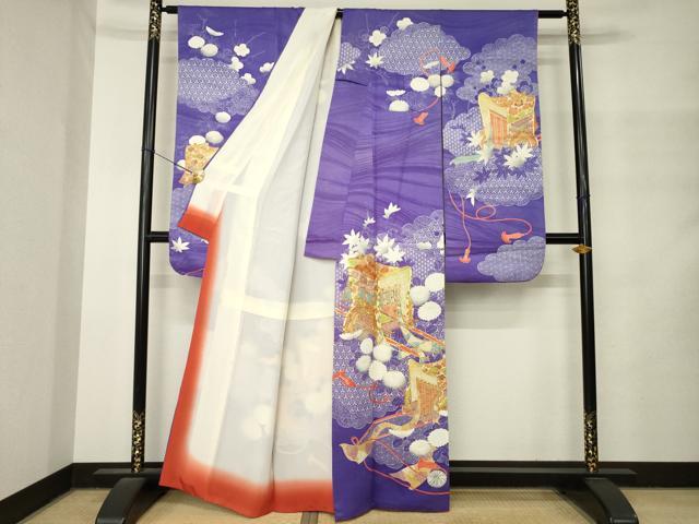 平和屋着物●豪華振袖　駒刺繍　御所車花文　正絹　逸品　AABM4289ck