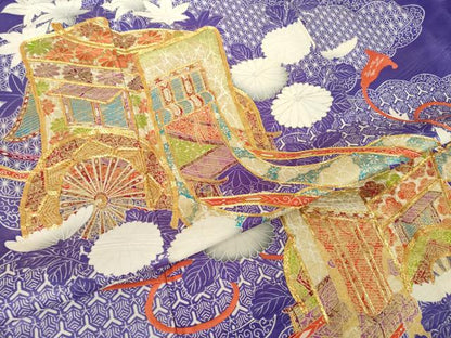 平和屋着物●豪華振袖　駒刺繍　御所車花文　正絹　逸品　AABM4289ck