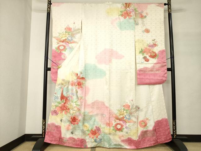 平和屋着物●豪華振袖　総刺繍　花鳥文　暈し染め　正絹　逸品　AABM4290ck