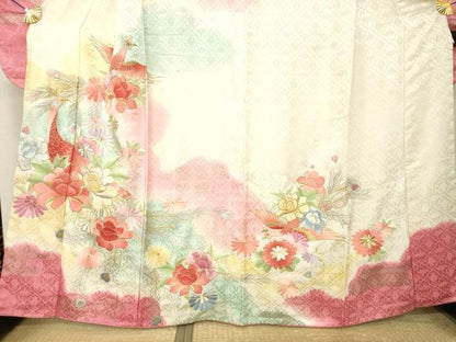 平和屋着物●豪華振袖　総刺繍　花鳥文　暈し染め　正絹　逸品　AABM4290ck
