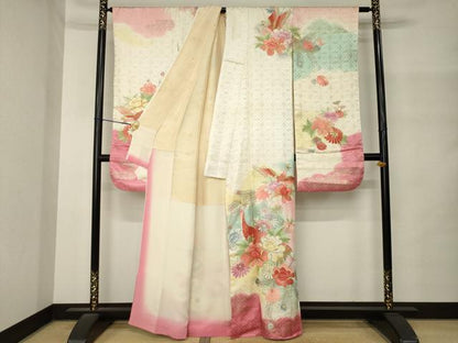 平和屋着物●豪華振袖　総刺繍　花鳥文　暈し染め　正絹　逸品　AABM4290ck
