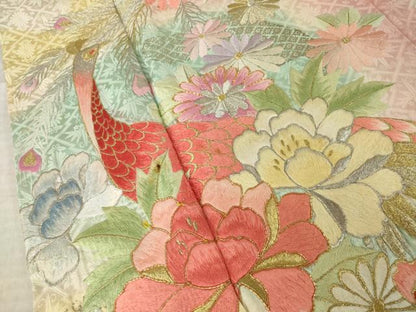 平和屋着物●豪華振袖　総刺繍　花鳥文　暈し染め　正絹　逸品　AABM4290ck