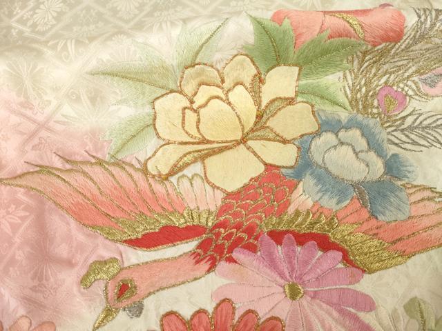 平和屋着物●豪華振袖　総刺繍　花鳥文　暈し染め　正絹　逸品　AABM4290ck