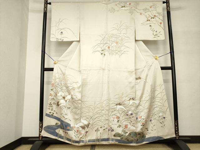 平和屋着物●訪問着　駒刺繍　群れ鶴文　金彩　正絹　逸品　AABM4294ck